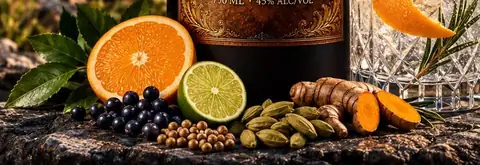 The eight botanicals arranged beside the bottle on Great Lakes stone