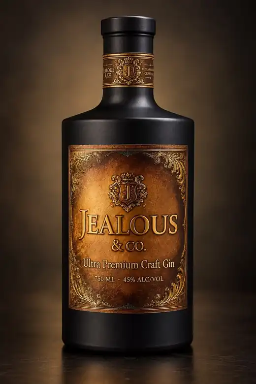 Jealous & Co. Ultra Premium Craft Gin, 750 ml matte black bottle with a brass label