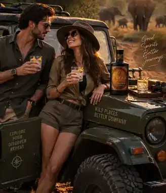 Two travellers sharing Jealous & Co. beside a safari vehicle at sunset